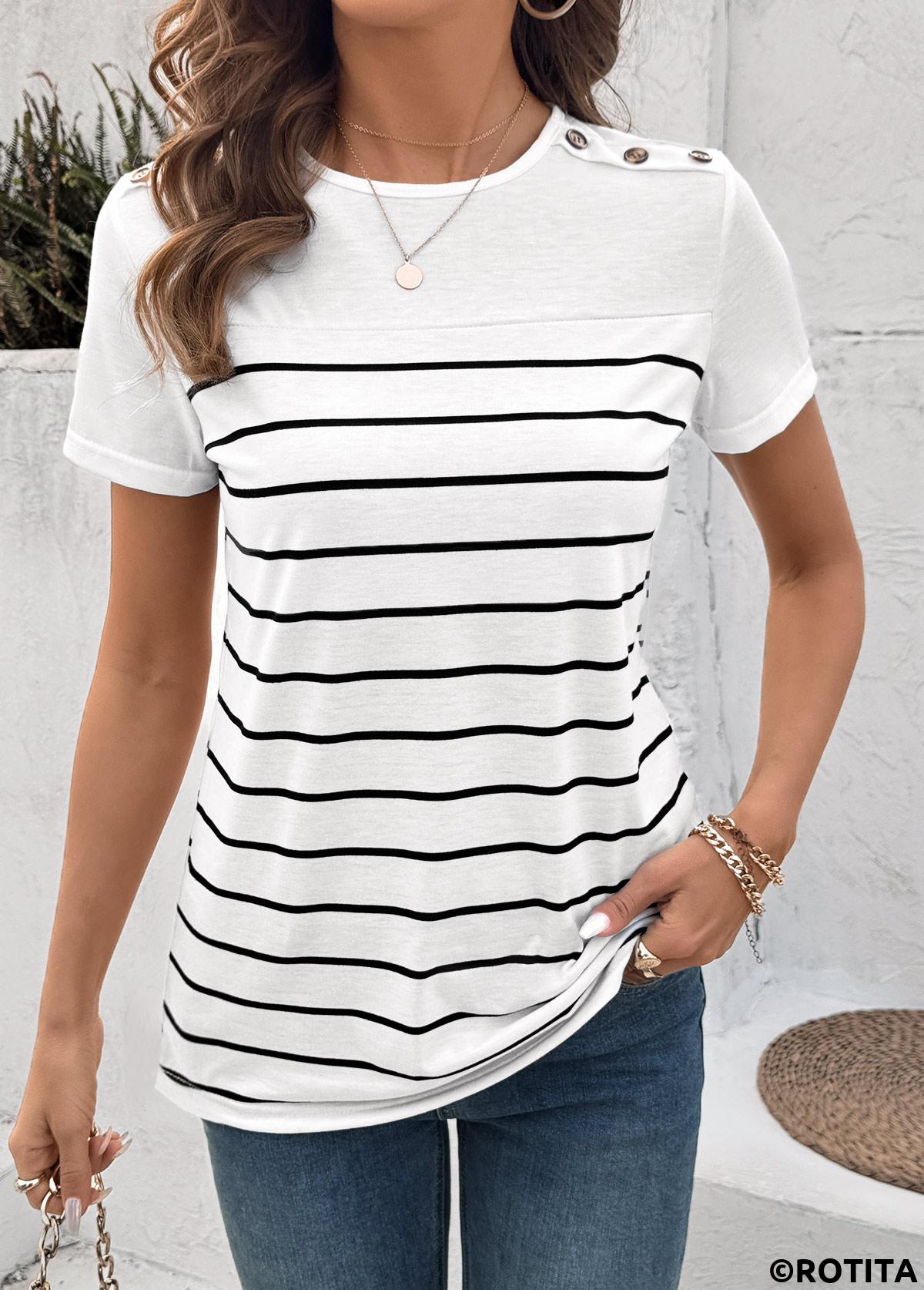 White tops,Striped tops,Geometric tops,ROTITA Button Striped White Round Neck Short Sleeve T Shirt