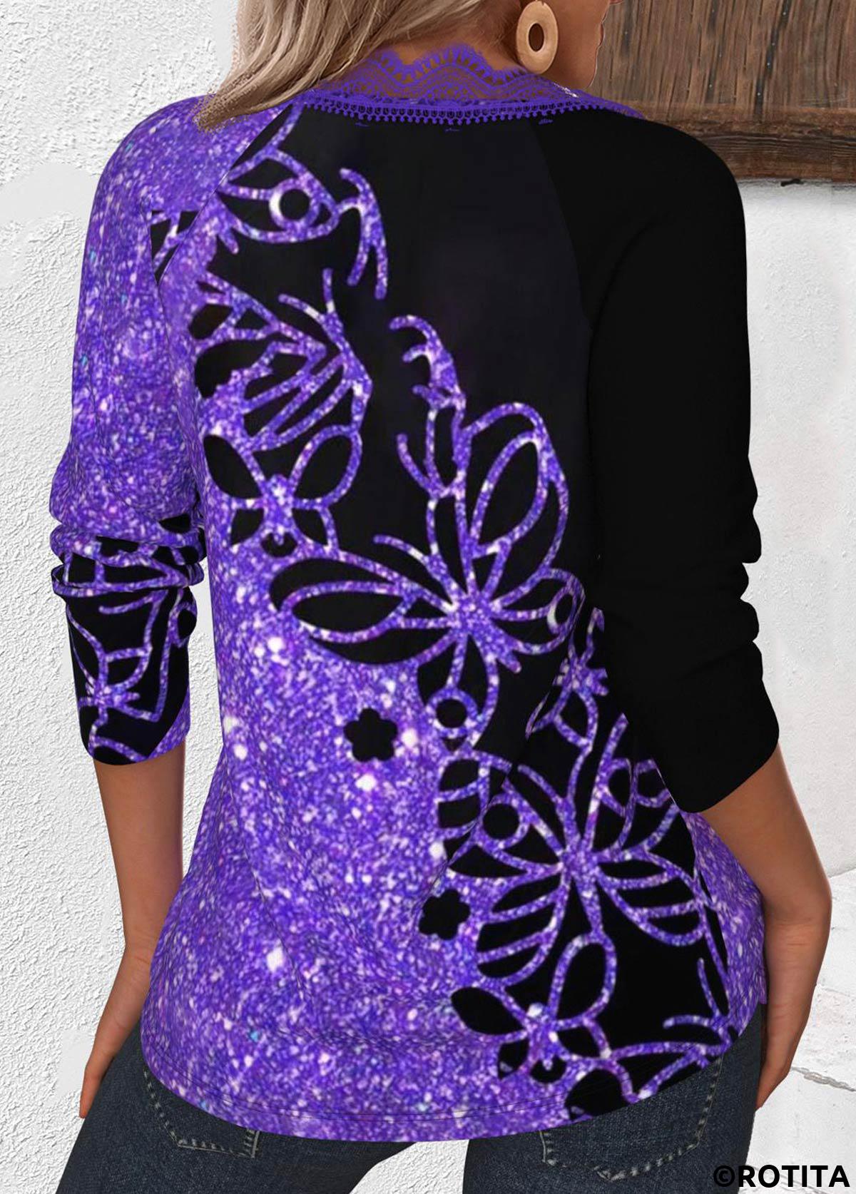 T-shirt col V violet à imprimé papillon brodé Rotita