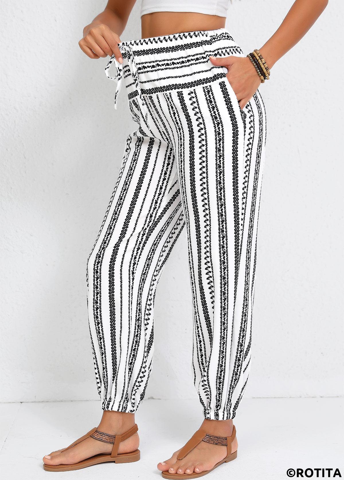 White bottoms,Geometric bottoms,Drawstring Geometric Print White Jogger Elastic Waist Pants