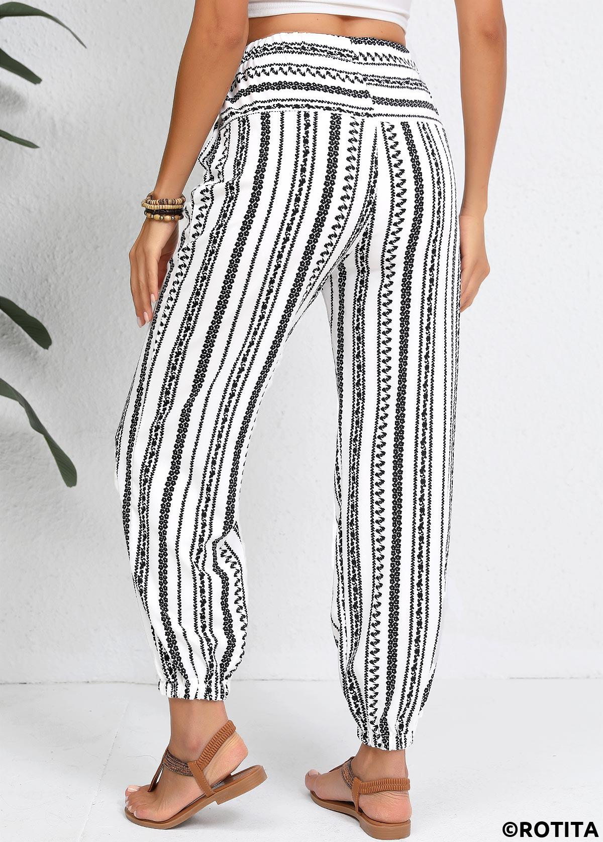 White bottoms,Geometric bottoms,Drawstring Geometric Print White Jogger Elastic Waist Pants