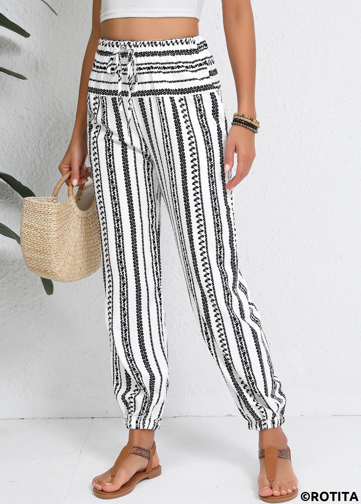 White bottoms,Geometric bottoms,Drawstring Geometric Print White Jogger Elastic Waist Pants