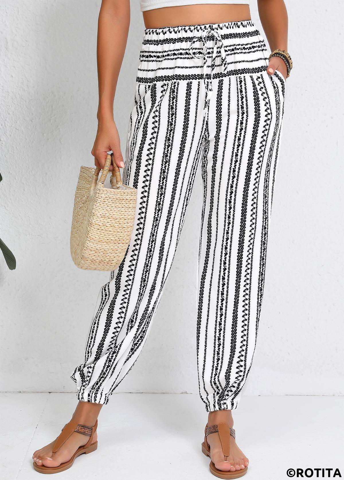 White bottoms,Geometric bottoms,Drawstring Geometric Print White Jogger Elastic Waist Pants