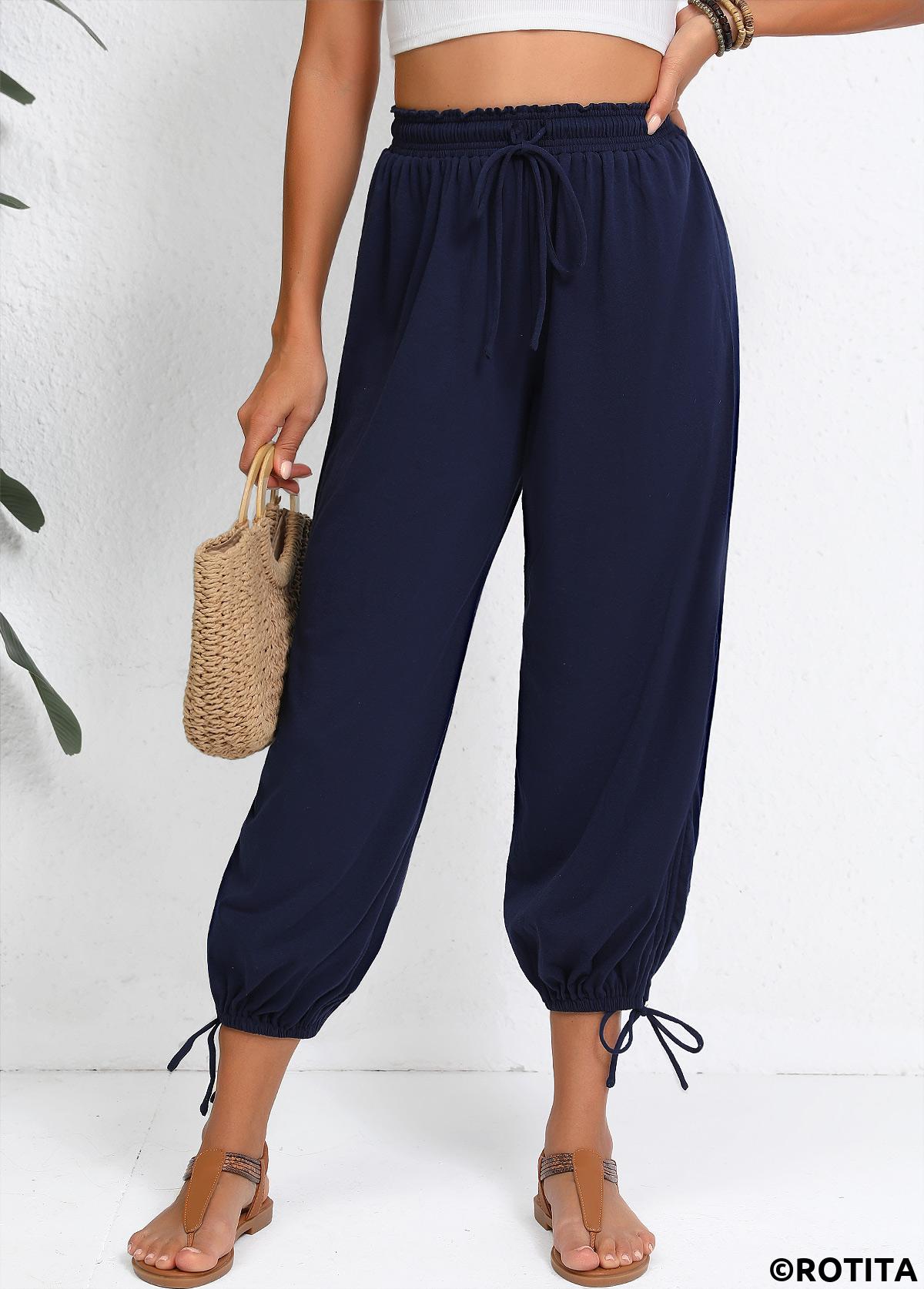 Navy bottoms,Plain Color bottoms,Navy Jogger Elastic Waist High Waisted Pants