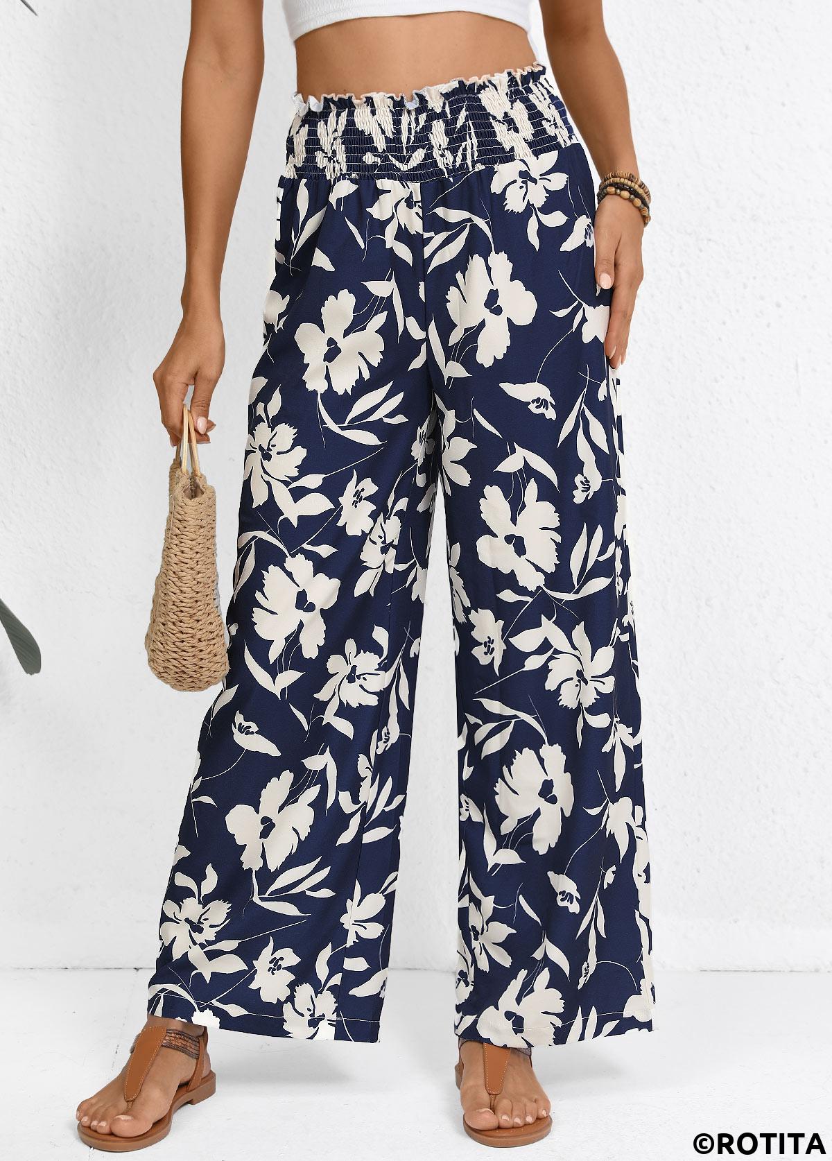 Navy bottoms,Plants bottoms,Smocked Plants Print Navy Wide Leg Elastic Waist Pants