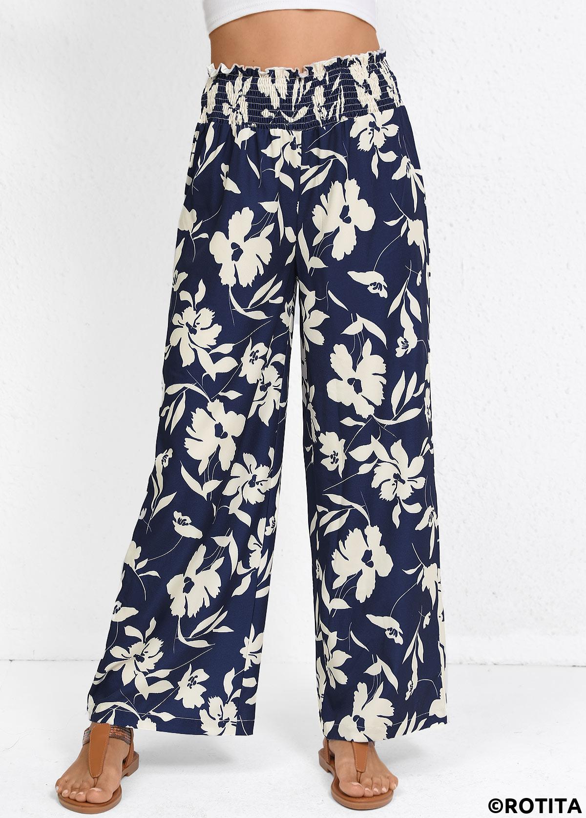 Navy bottoms,Plants bottoms,Smocked Plants Print Navy Wide Leg Elastic Waist Pants