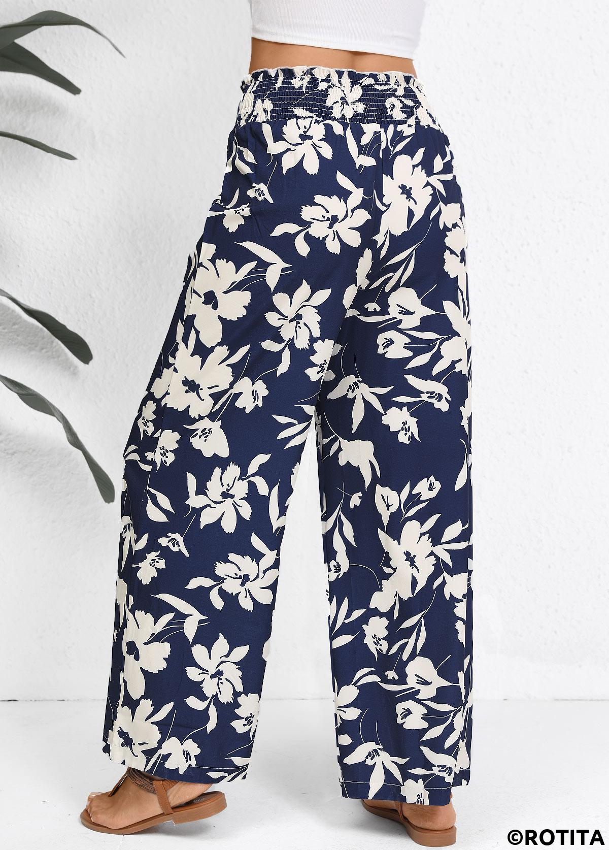 Navy bottoms,Plants bottoms,Smocked Plants Print Navy Wide Leg Elastic Waist Pants