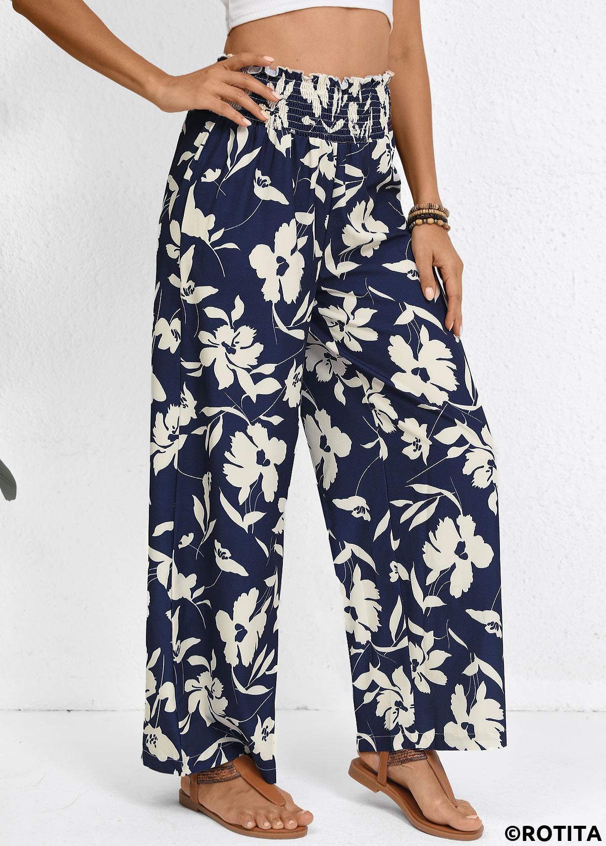Navy bottoms,Plants bottoms,Smocked Plants Print Navy Wide Leg Elastic Waist Pants
