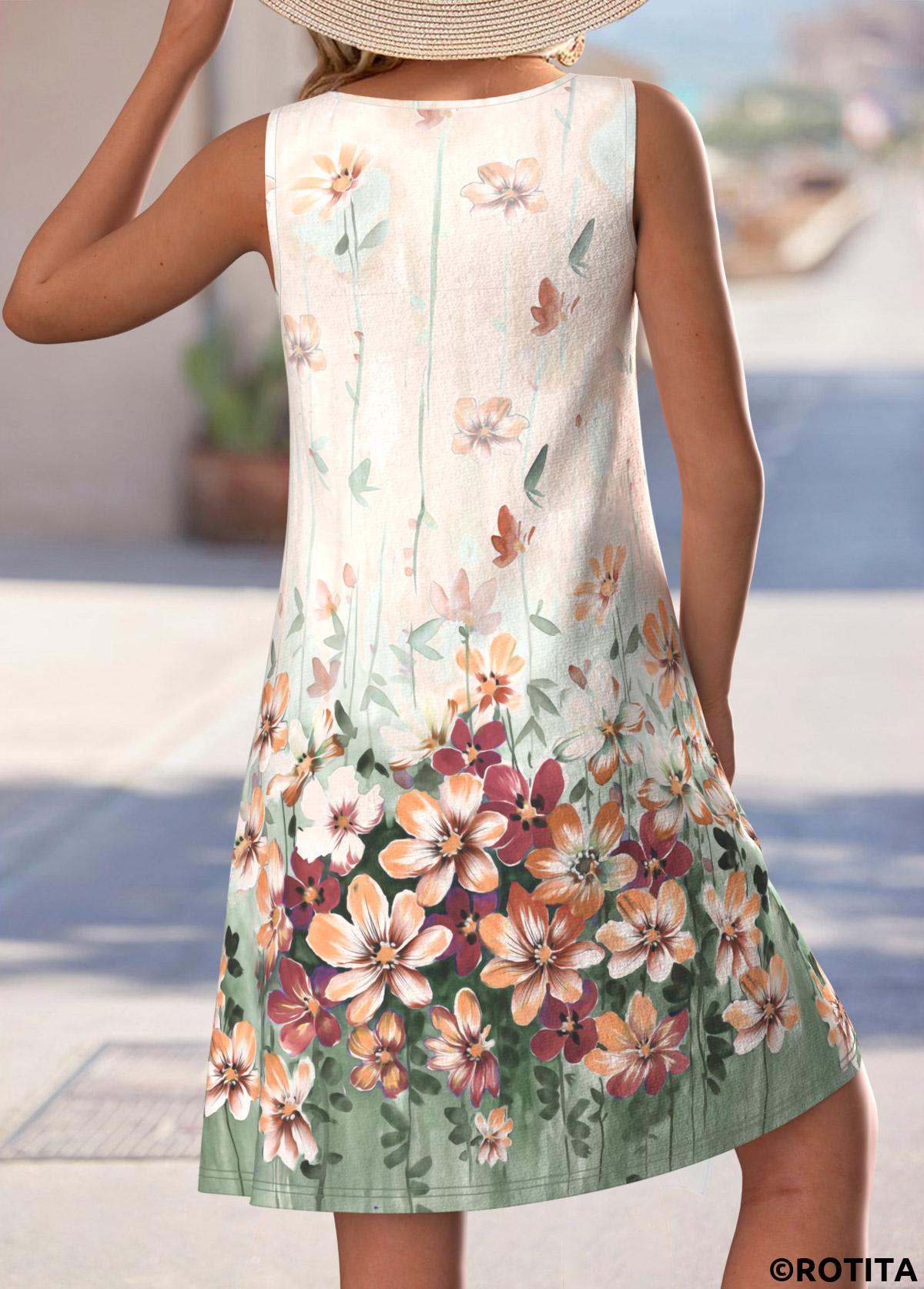 Beige dresses,Floral dresses,Plants dresses,Everyday dresses,Casual dresses,ROTITA Cut Out Floral Print Beige A Line Sleeveless Dress