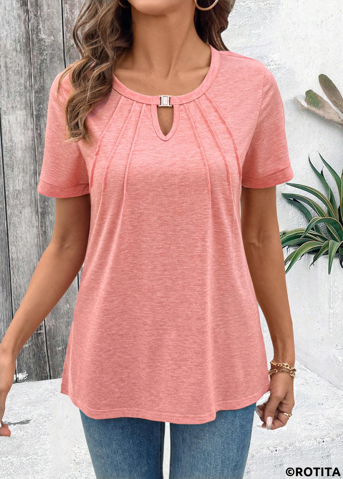 ROTITA Cut Out Pink Round Neck Short Sleeve T Shirt