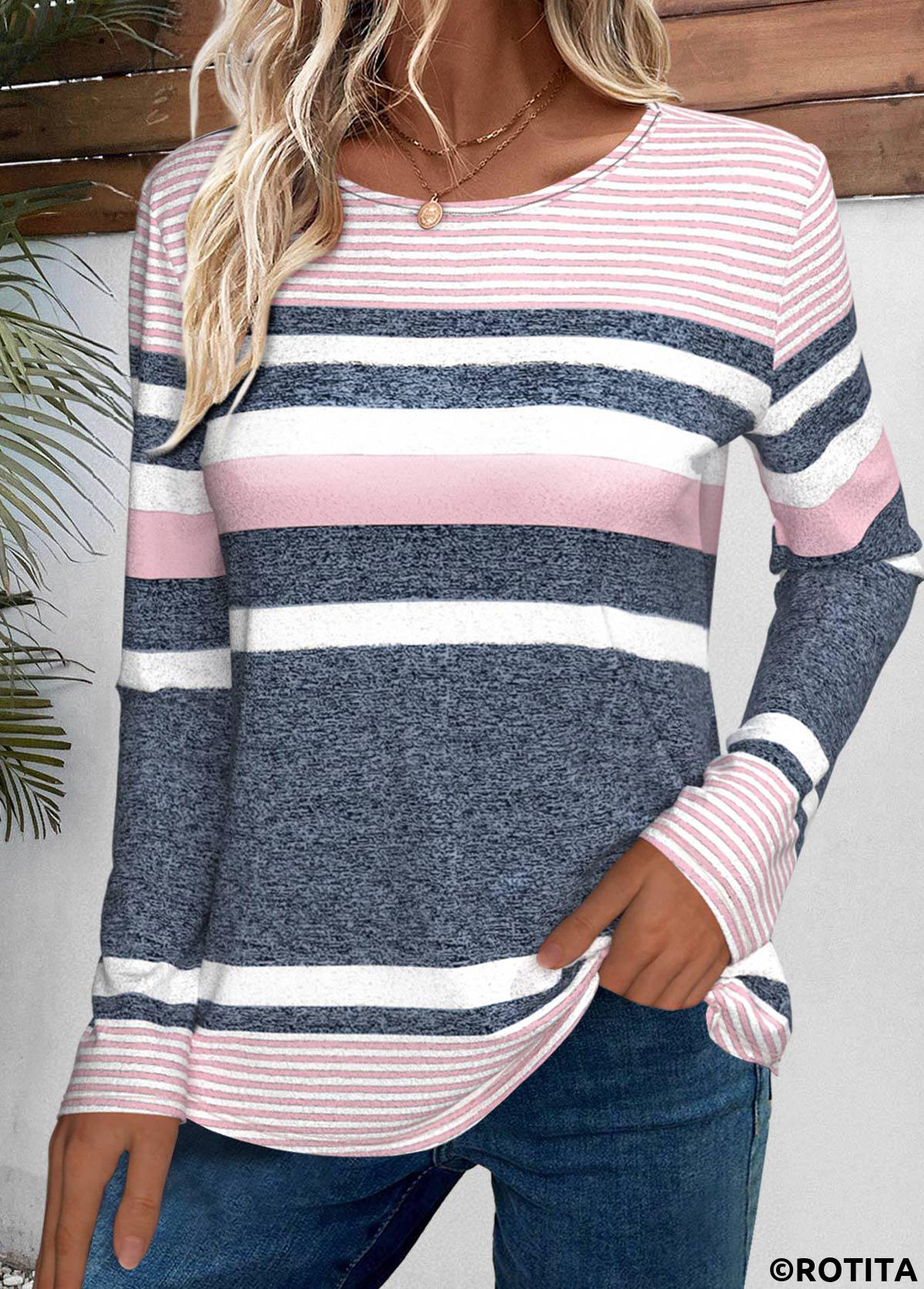 Pink tops,Striped tops,Geometric tops,ROTITA Striped Pink Round Neck Long Sleeve T Shirt