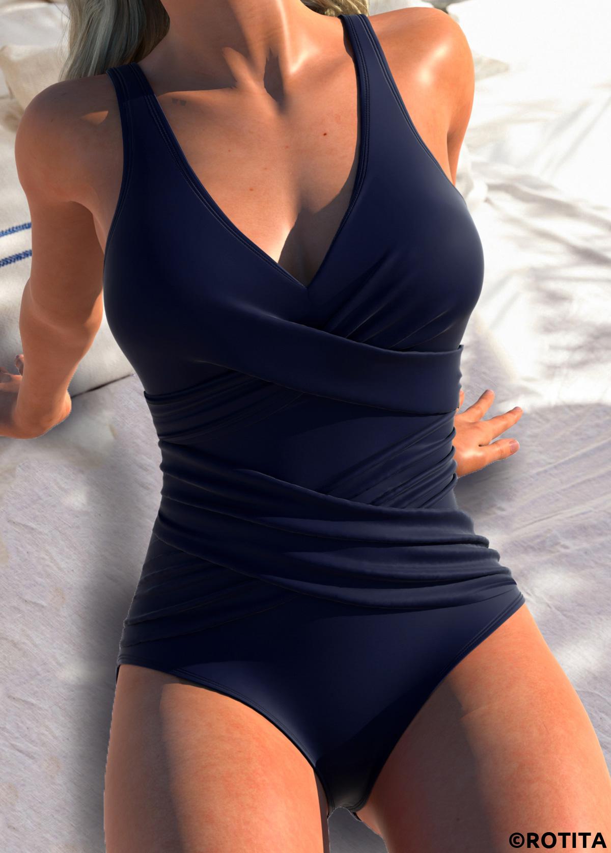 Dark Blue swimwear,Plain Color swimwear,ROTITA Criss Cross Cut Out Dark Blue One Piece Swimwear