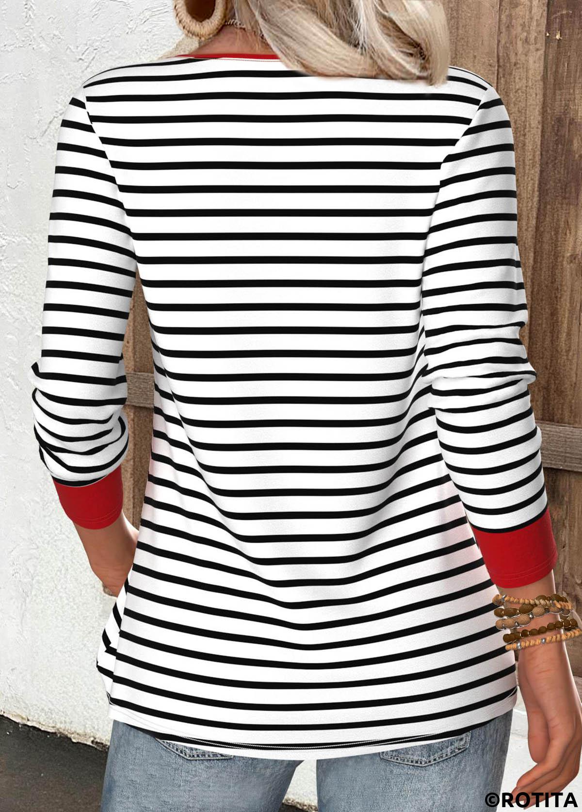 Red tops,Striped tops,Geometric tops,ROTITA Zipper Striped Red V Neck Long Sleeve T Shirt