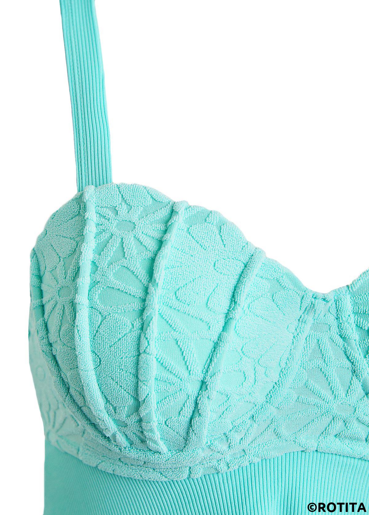 Mint Green swimwear,Plain Color swimwear,ROTITA Square Neck Jacquard Mint Green One Piece Swimdress
