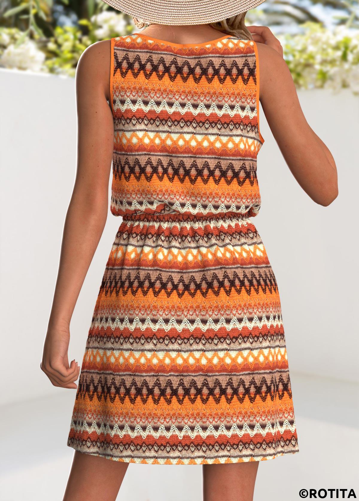 Orange dresses,Tribal dresses,Vacation dresses,Vacation dresses,ROTITA Drawstring Tribal Print Orange Short Scoop Neck Sleeveless Dress