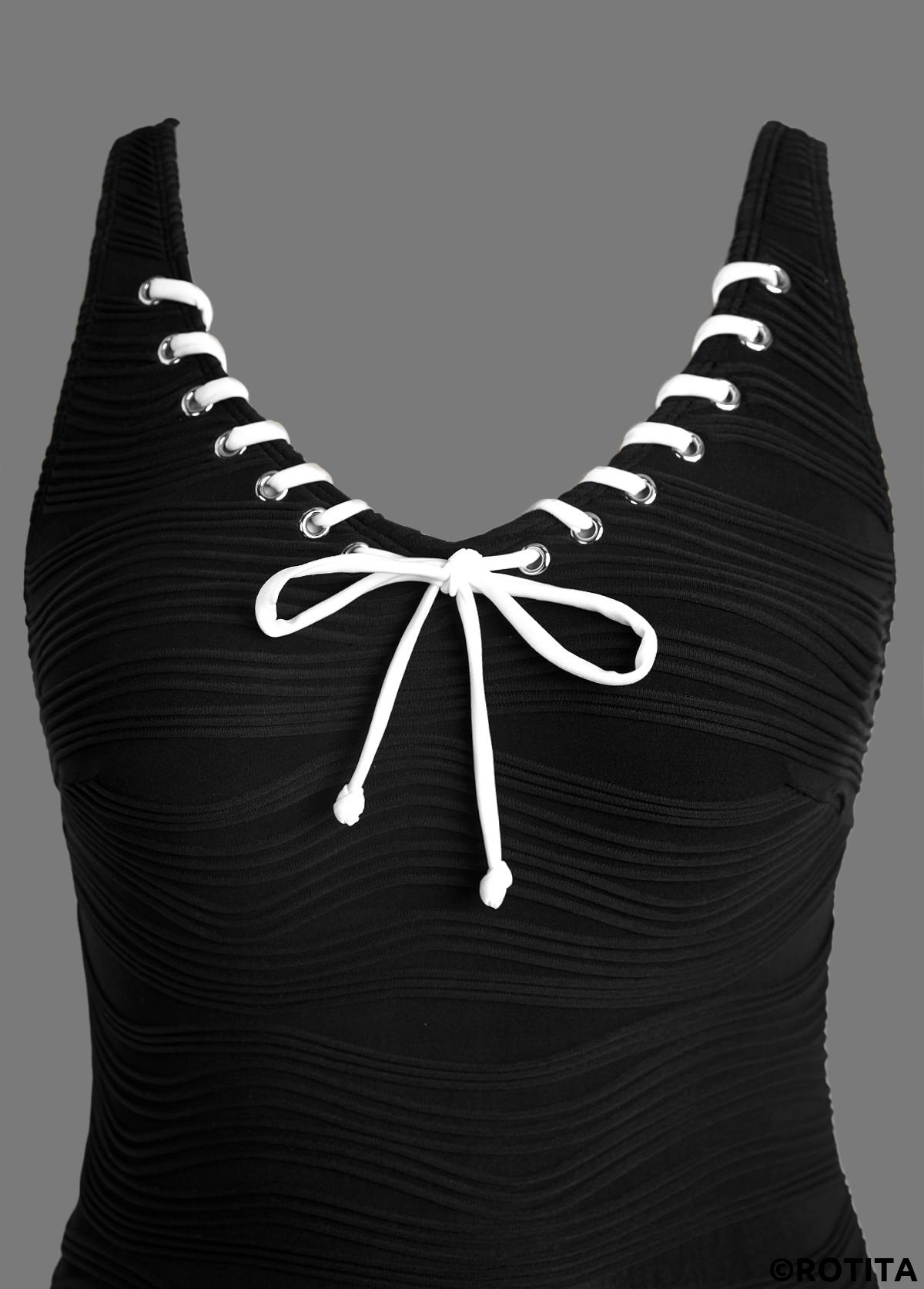Black swimwear,Plain Color swimwear,ROTITA Jacquard Black Tie One Piece Swimdress
