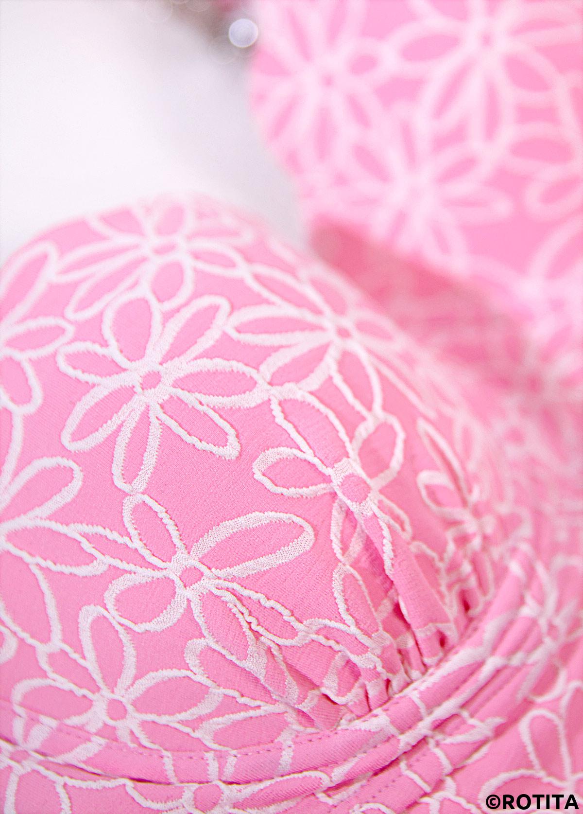 Pink swimwear,Plain Color swimwear,ROTITA Square Neck Jacquard Pink One Piece Swimdress