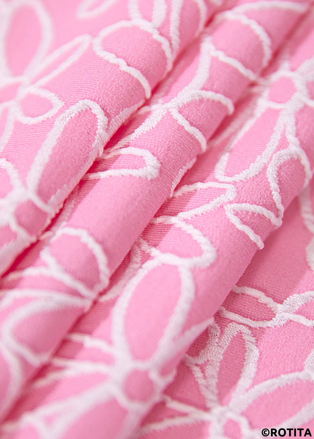 Pink swimwear,Plain Color swimwear,ROTITA Square Neck Jacquard Pink One Piece Swimdress
