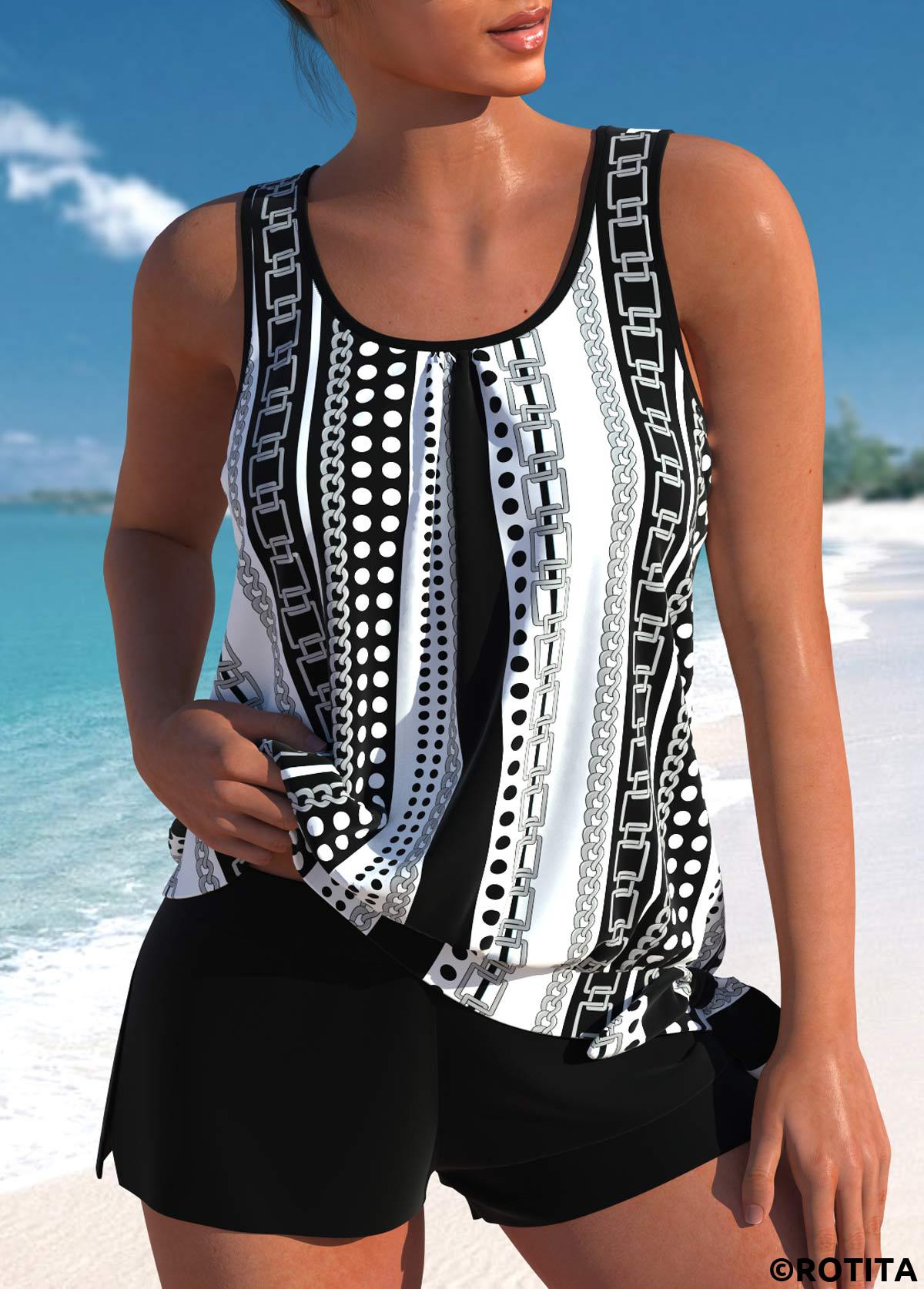 Black plus size,White plus size,Geometric plus size,Striped plus size,Dot plus size,ROTITA Plus Size Bowknot Geometric Print Black Tankini Set