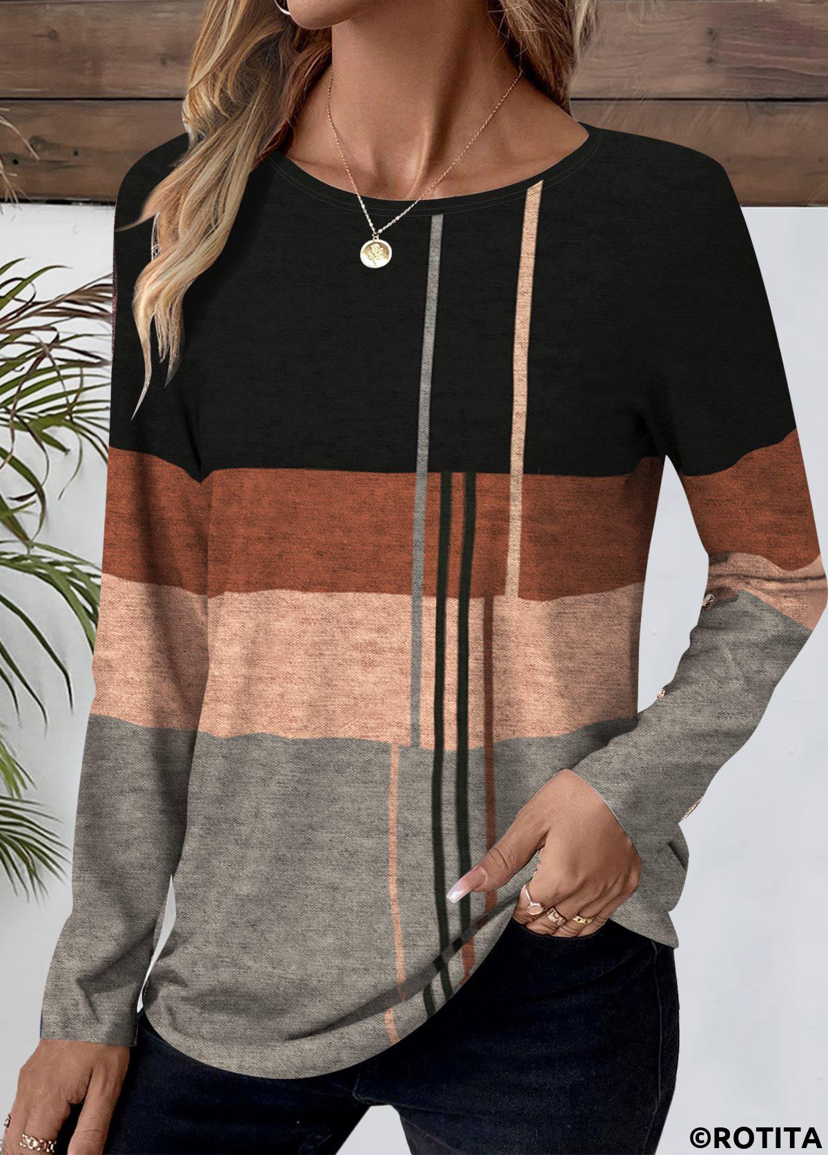 Black tops,Geometric tops,ROTITA Patchwork Geometric Print Black Round Neck T Shirt