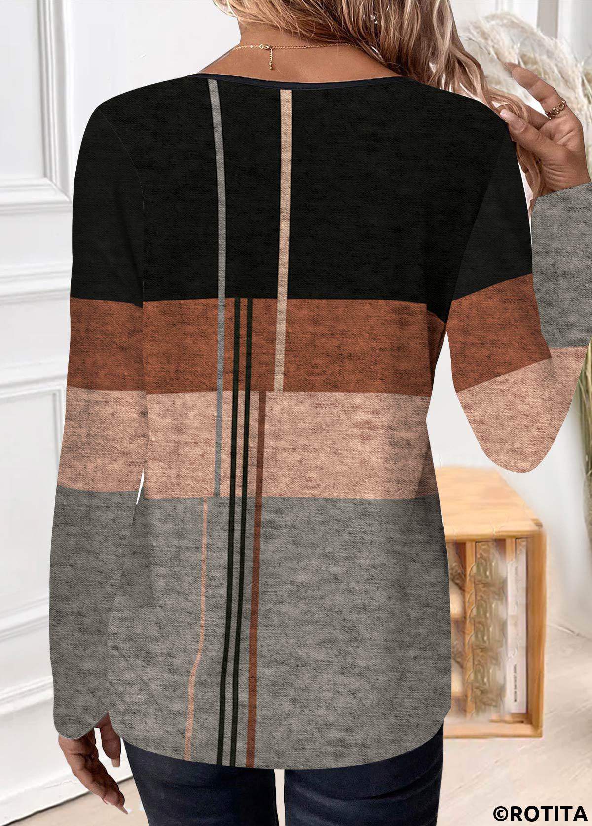 Black tops,Geometric tops,ROTITA Patchwork Geometric Print Black Round Neck T Shirt