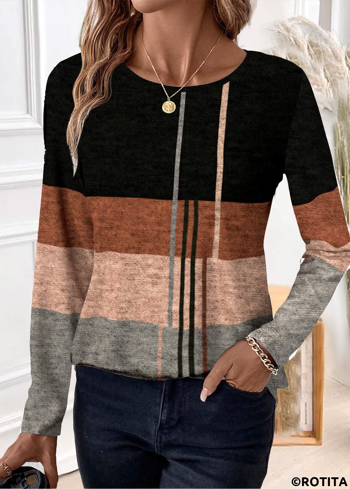 Black tops,Geometric tops,ROTITA Patchwork Geometric Print Black Round Neck T Shirt