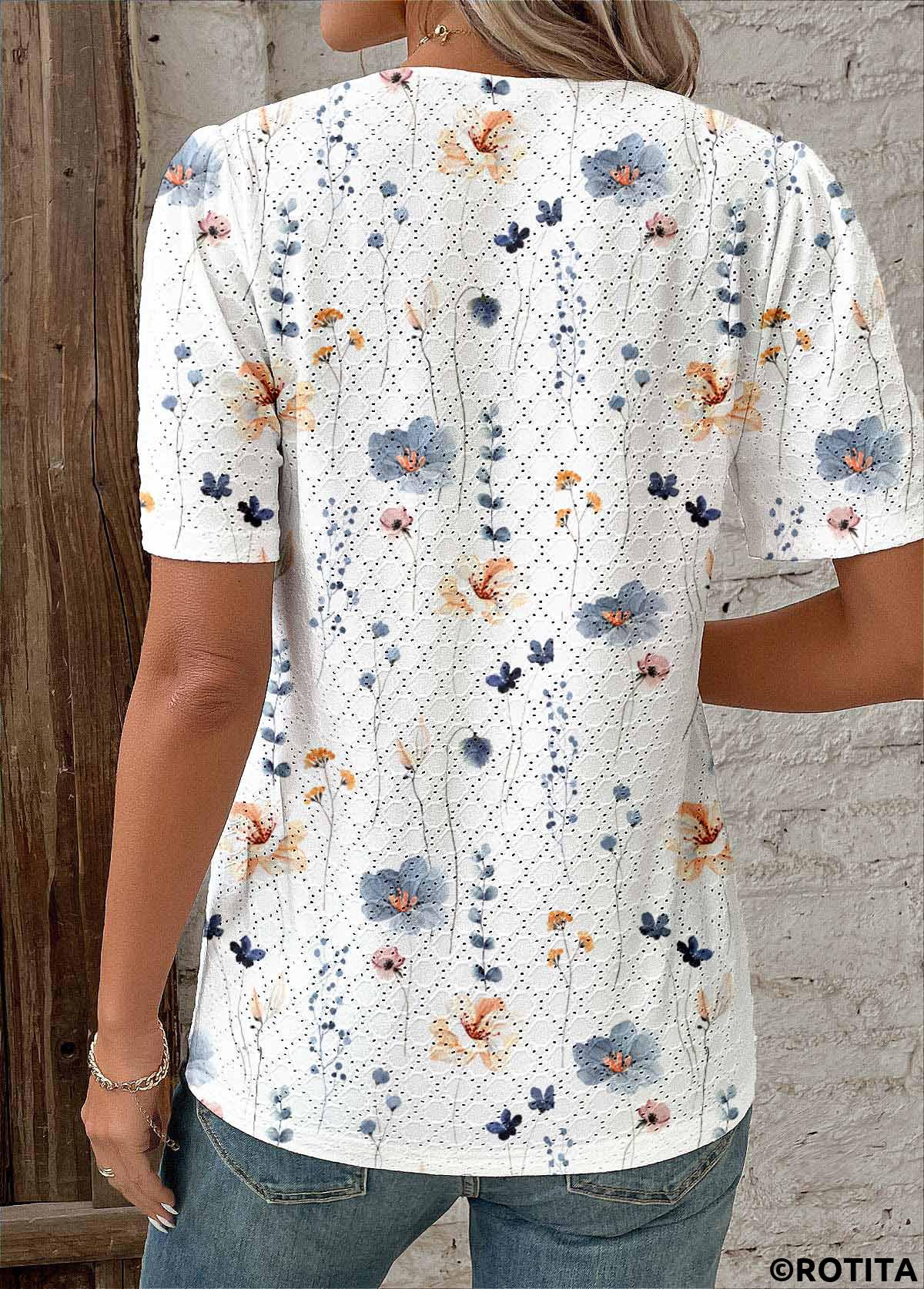 White tops,Floral tops,Plants tops,ROTITA Embroidery Floral Print White V Neck Short Sleeve Blouse