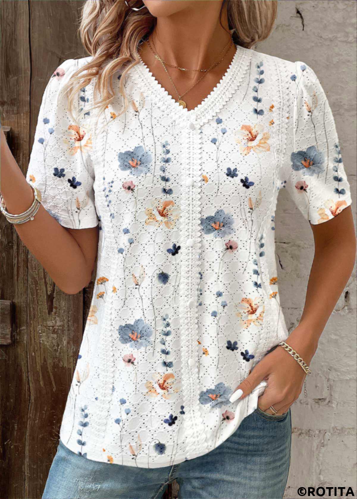 White tops,Floral tops,Plants tops,ROTITA Embroidery Floral Print White V Neck Short Sleeve Blouse