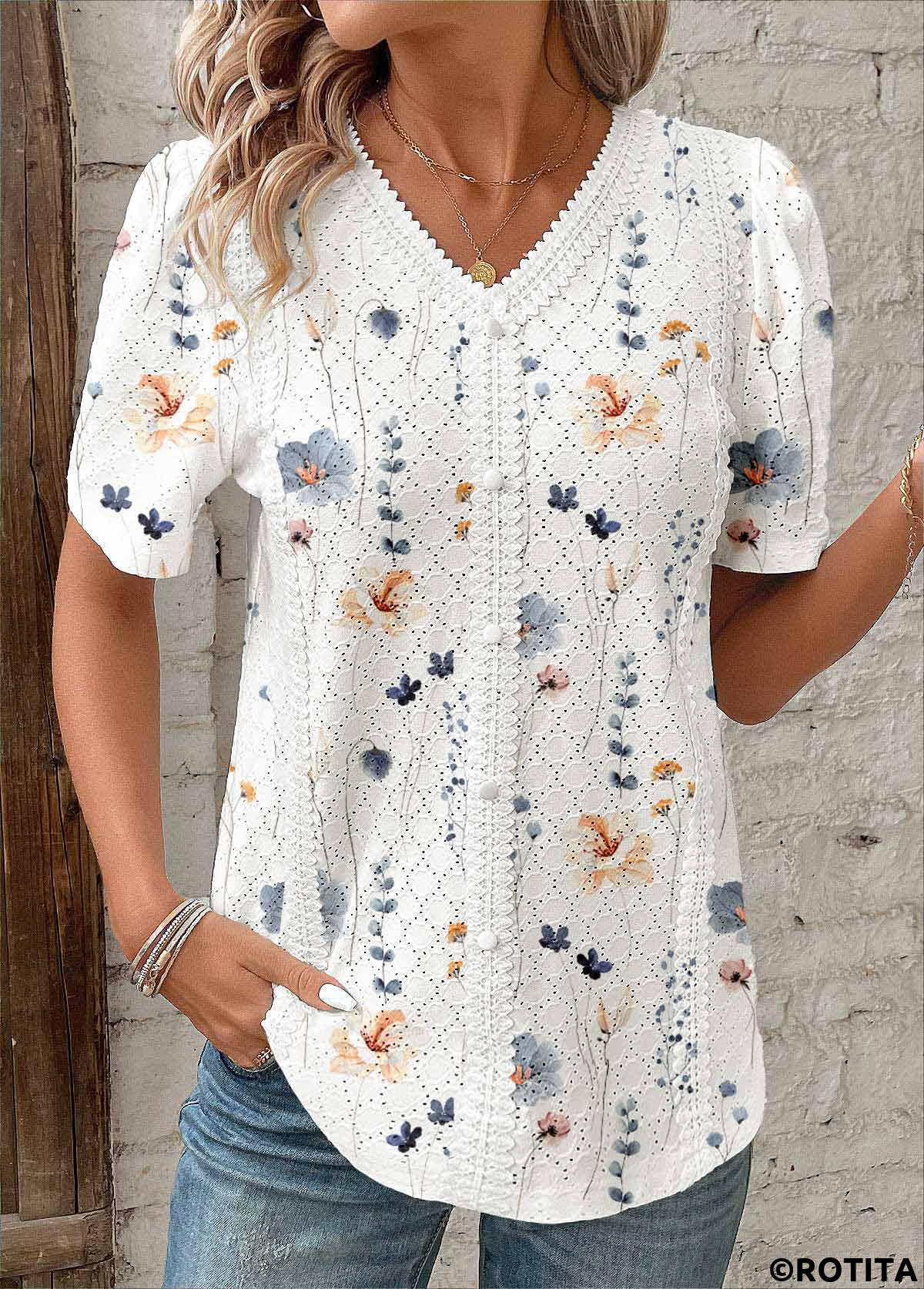 White tops,Floral tops,Plants tops,ROTITA Embroidery Floral Print White V Neck Short Sleeve Blouse