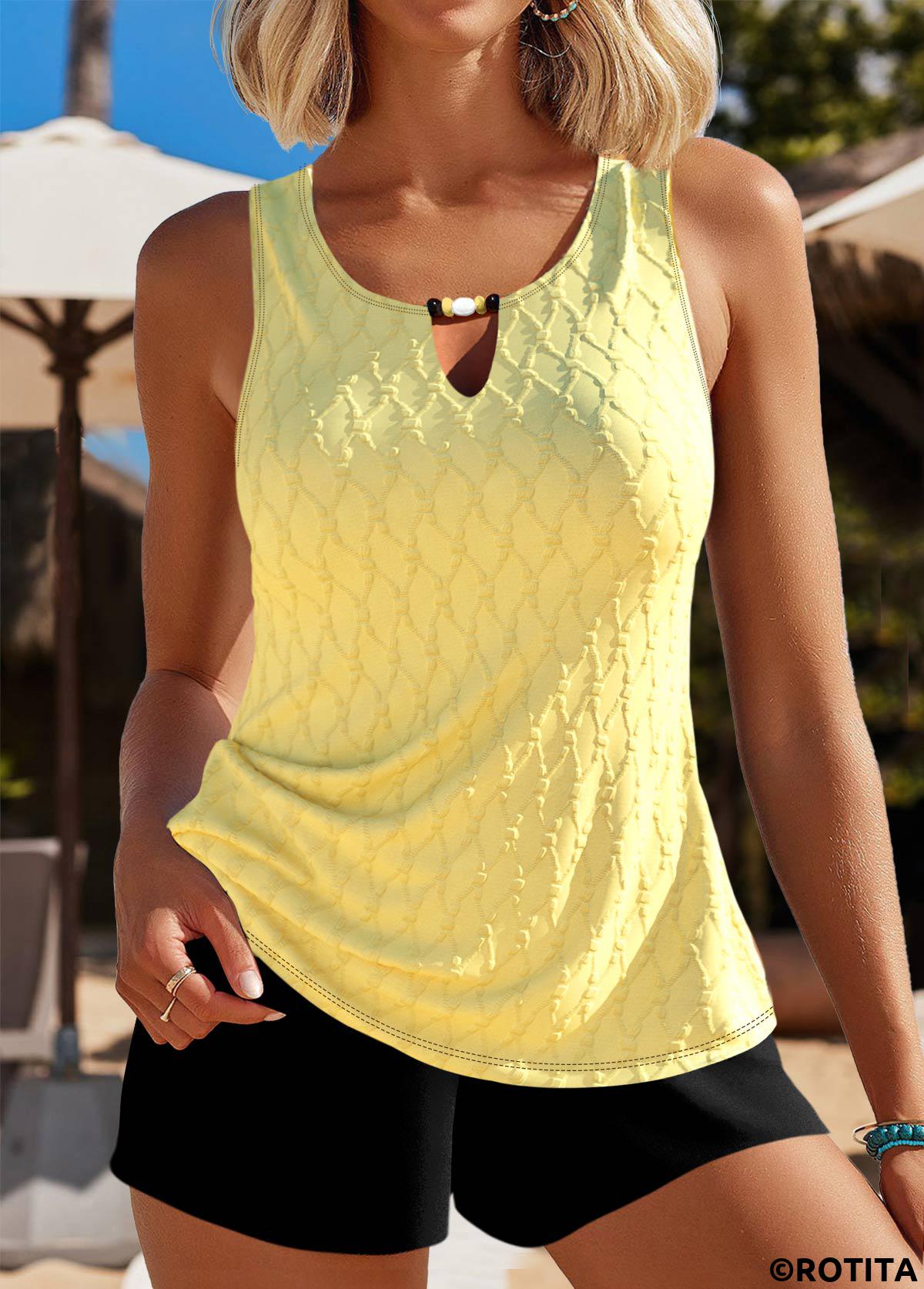 Light Yellow swimwear,Plain Color swimwear,ROTITA Cut Out Light Yellow Jacquard Tankini Set