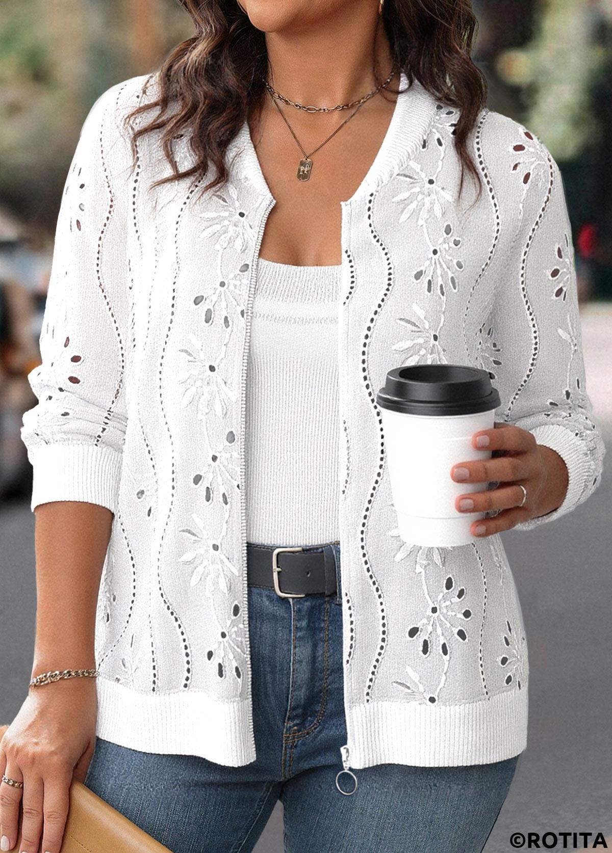White tops,Plain Color tops,ROTITA Jacquard White Stand Collar Long Sleeve Track Jacket