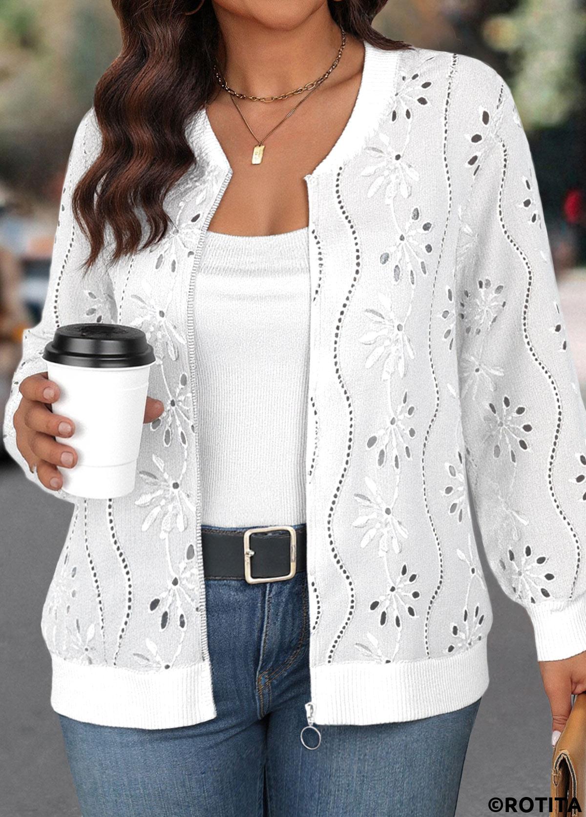 White tops,Plain Color tops,ROTITA Jacquard White Stand Collar Long Sleeve Track Jacket