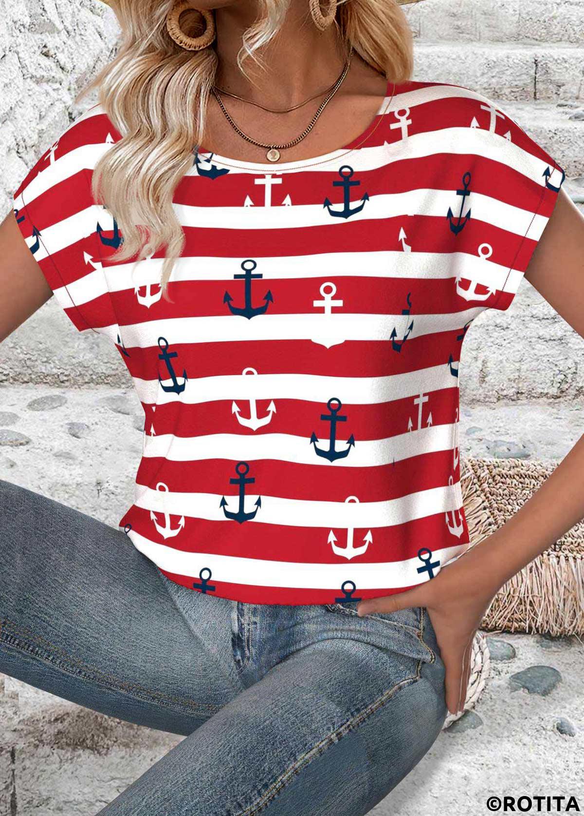 Red tops,Striped tops,Geometric tops,ROTITA Striped Red Round Neck Short Sleeve T Shirt