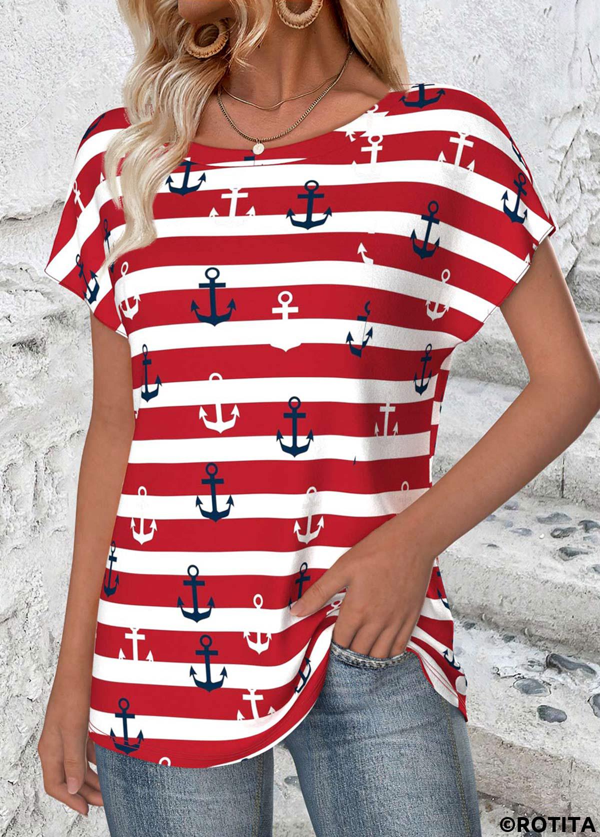 Red tops,Striped tops,Geometric tops,ROTITA Striped Red Round Neck Short Sleeve T Shirt