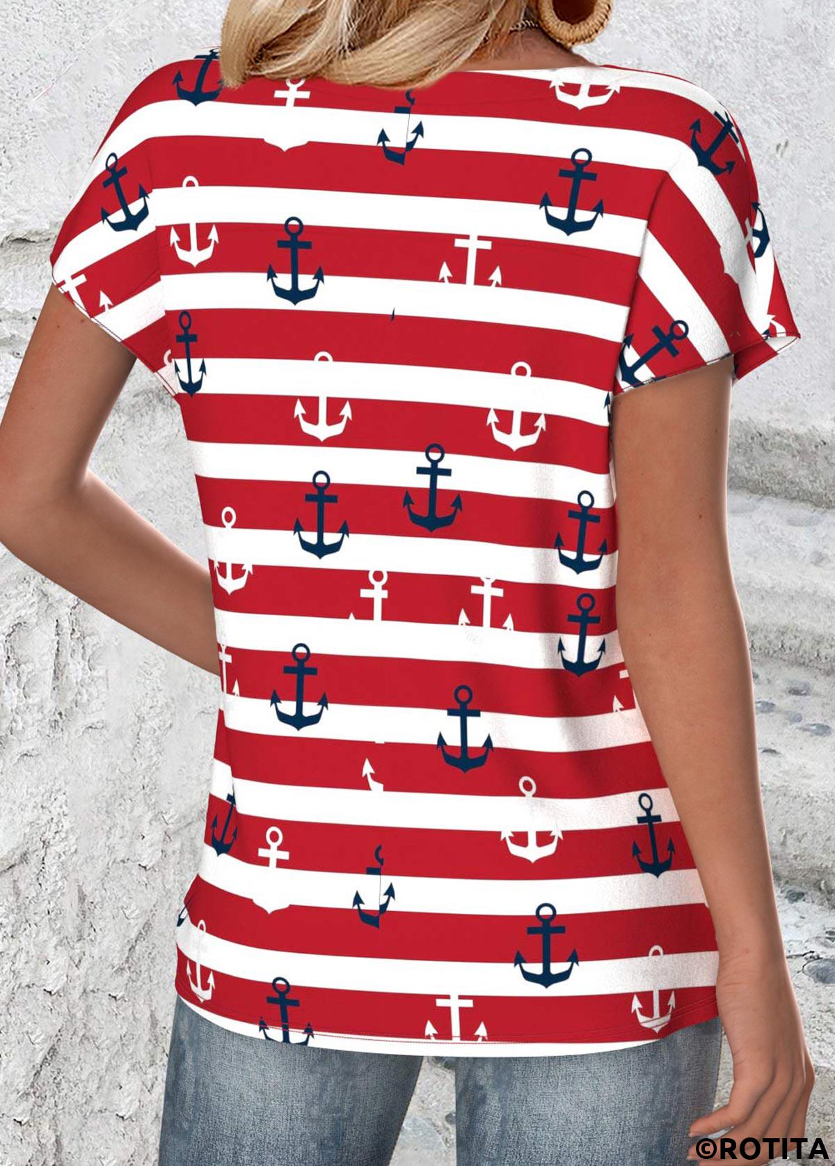 Red tops,Striped tops,Geometric tops,ROTITA Striped Red Round Neck Short Sleeve T Shirt