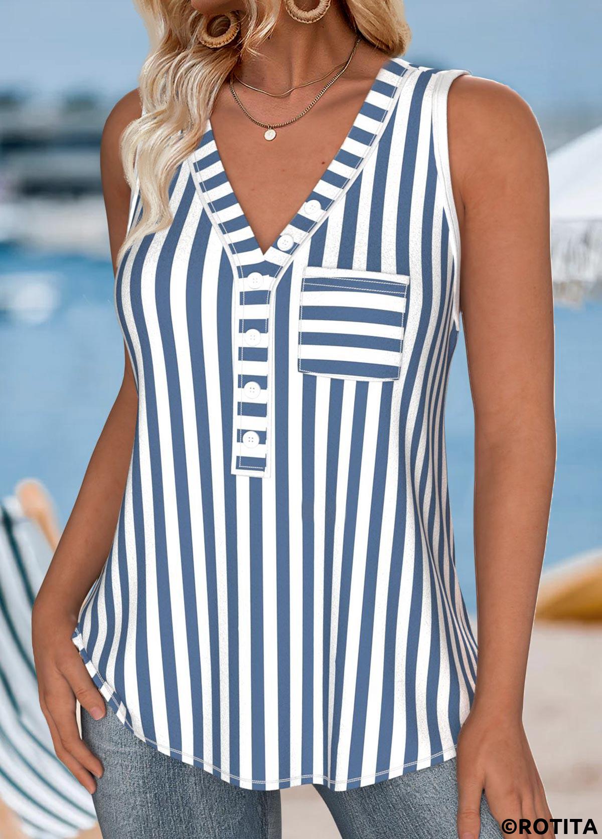 Dusty Blue tops,Striped tops,Geometric tops,ROTITA Button Striped Dusty Blue V Neck Sleeveless Tank Top
