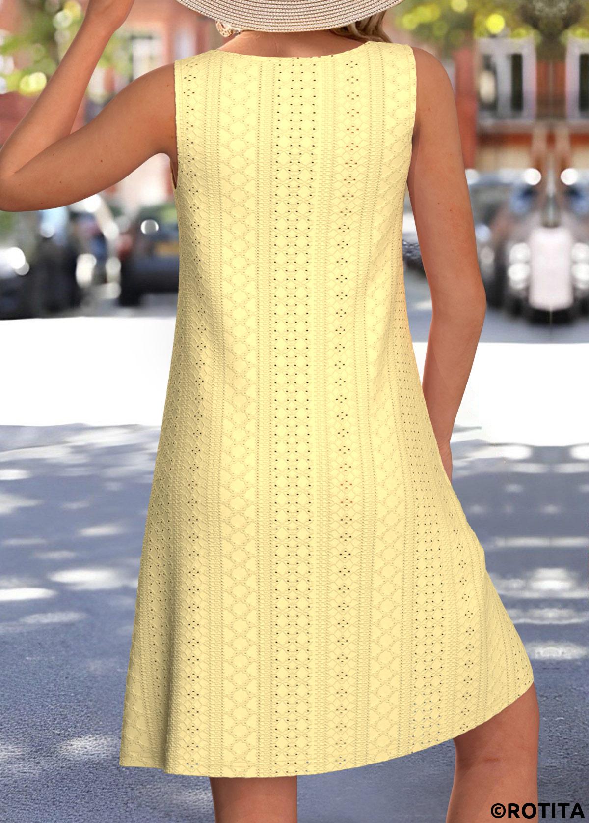 Yellow dresses,Plain Color dresses,Everyday dresses,Casual dresses,ROTITA Jacquard White A Line Round Neck Sleeveless Dress