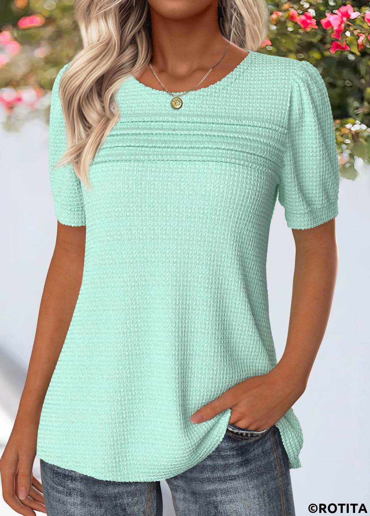 Rotita Tuck Stitch Mintgrünes Rundhals-T-Shirt