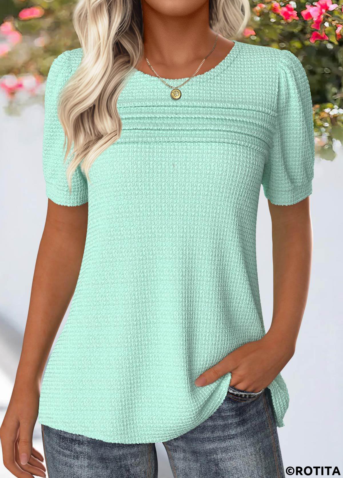 Rotita Tuck Stitch Mintgrünes Rundhals-T-Shirt