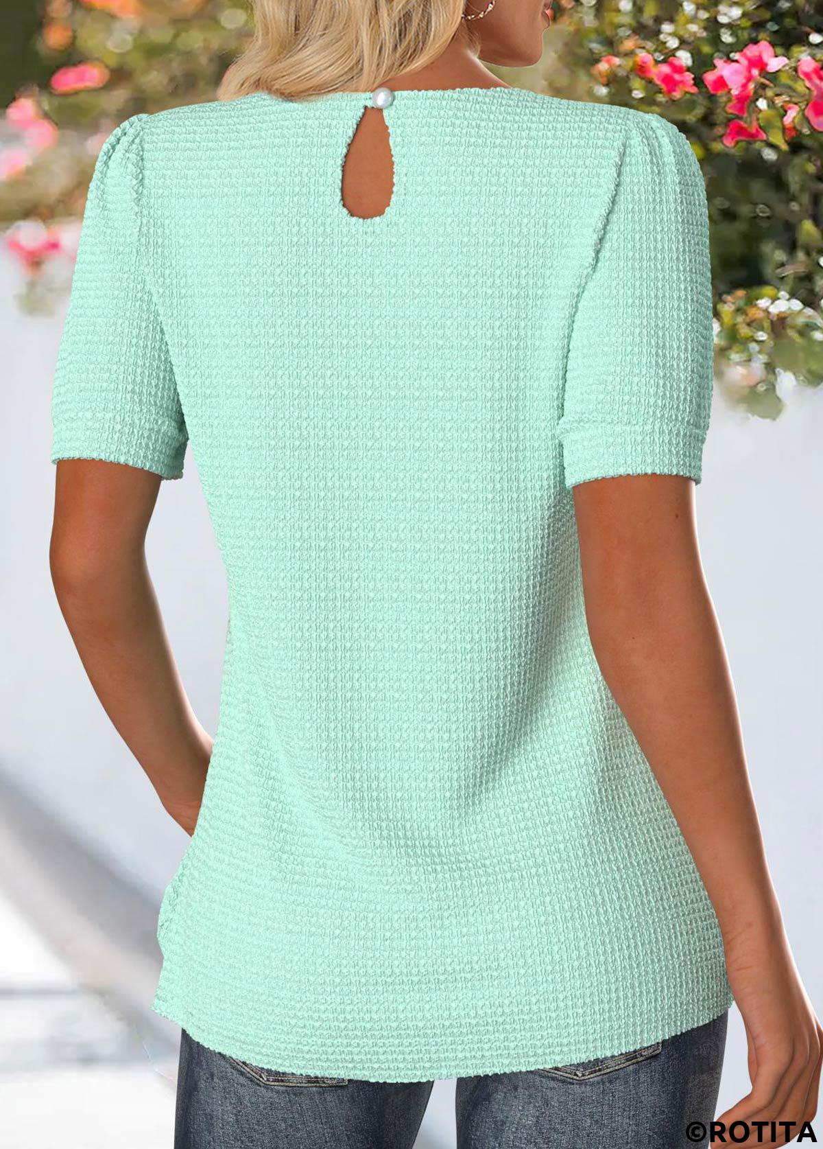 Rotita Tuck Stitch Mintgrünes Rundhals-T-Shirt