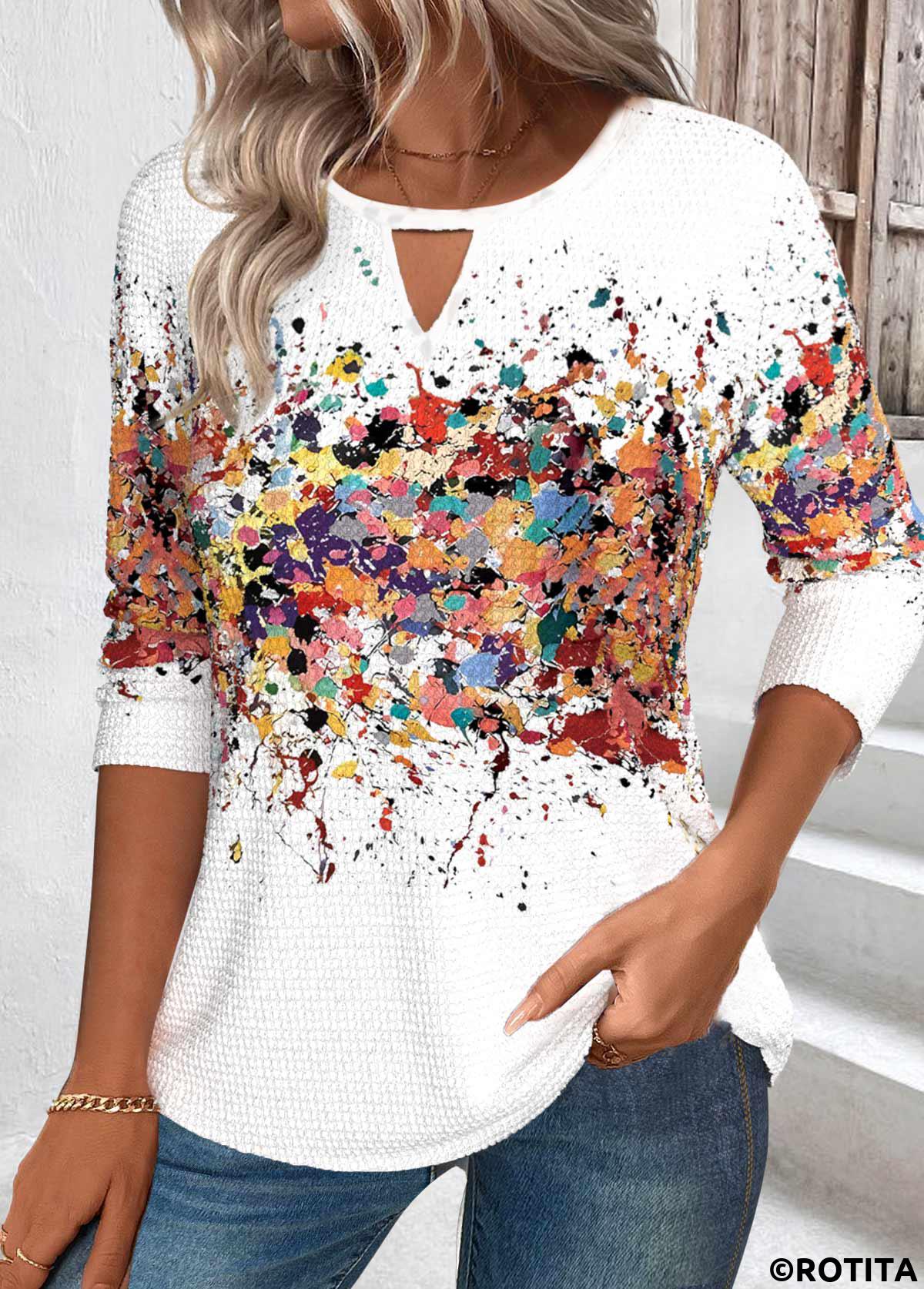 White tops,Ombre tops,ROTITA Cut Out Ombre White Round Neck T Shirt