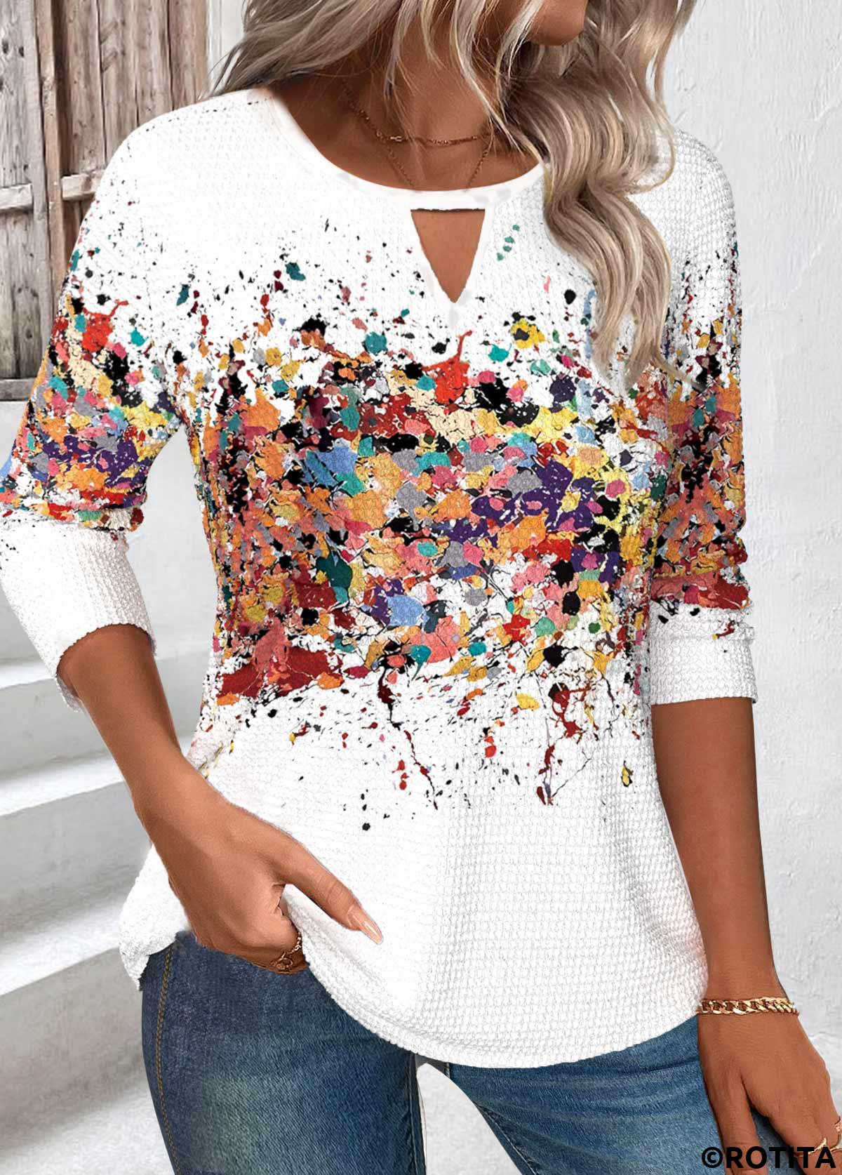 White tops,Ombre tops,ROTITA Cut Out Ombre White Round Neck T Shirt