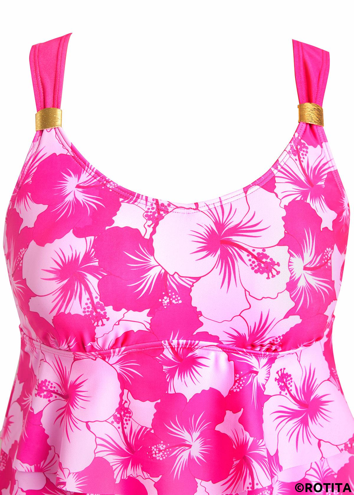 Hot Pink swimwear,Floral swimwear,Plants swimwear,ROTITA Patchwork Hot Pink Floral Print Tankini Set