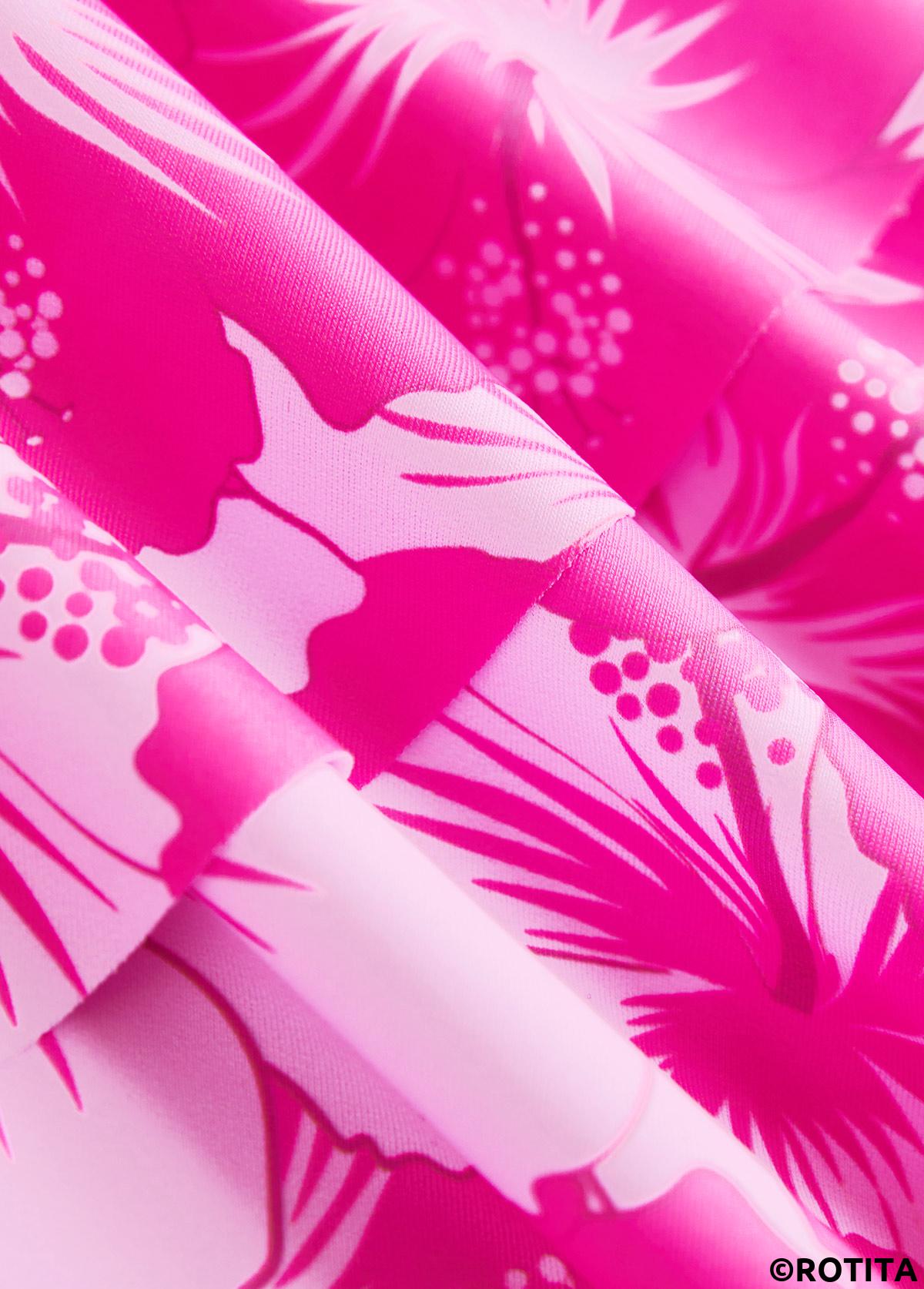 Hot Pink swimwear,Floral swimwear,Plants swimwear,ROTITA Patchwork Hot Pink Floral Print Tankini Set