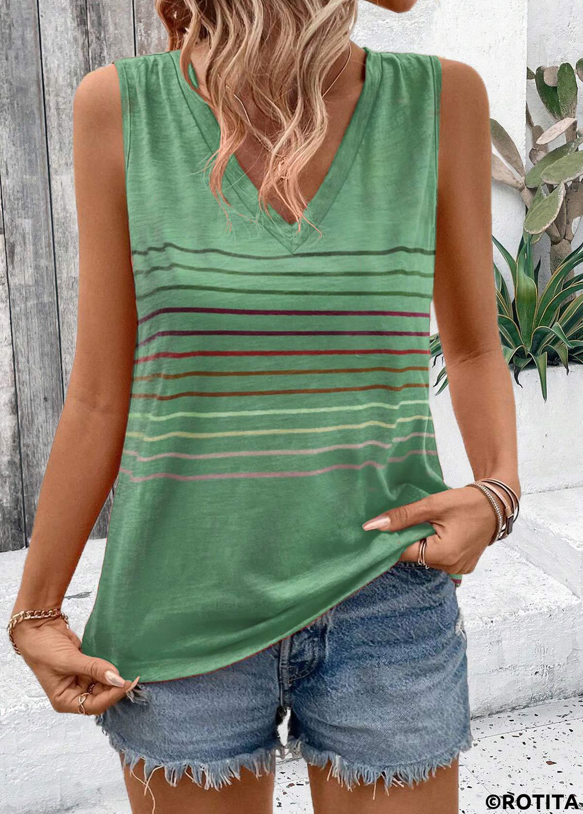 Green tops,Striped tops,Geometric tops,ROTITA Striped Green V Neck Sleeveless Tank Top