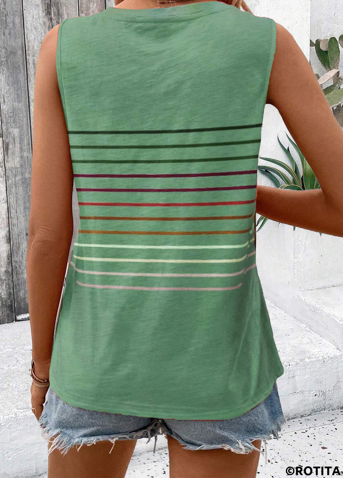 Green tops,Striped tops,Geometric tops,ROTITA Striped Green V Neck Sleeveless Tank Top