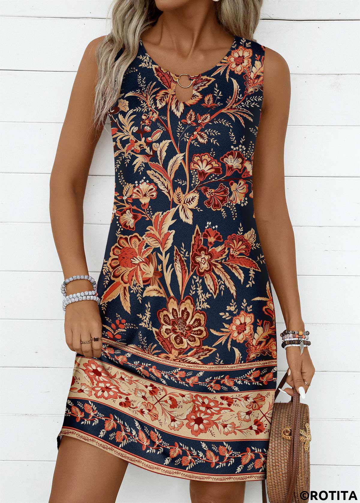 Dark Blue dresses,Floral dresses,Plants dresses,Everyday dresses,Casual dresses,ROTITA Circular Ring Floral Print Dark Blue Round Neck Dress