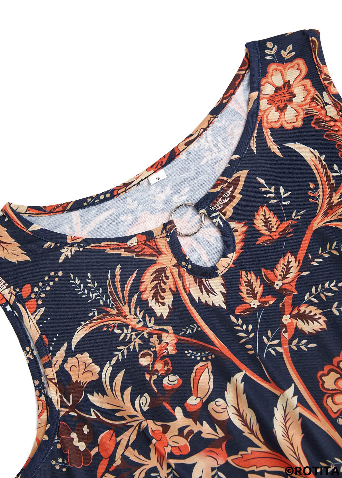 Dark Blue dresses,Floral dresses,Plants dresses,Everyday dresses,Casual dresses,ROTITA Circular Ring Floral Print Dark Blue Round Neck Dress