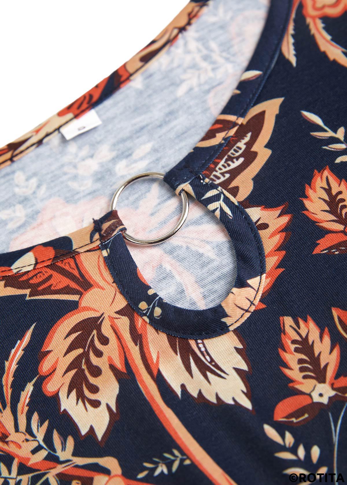 Dark Blue dresses,Floral dresses,Plants dresses,Everyday dresses,Casual dresses,ROTITA Circular Ring Floral Print Dark Blue Round Neck Dress