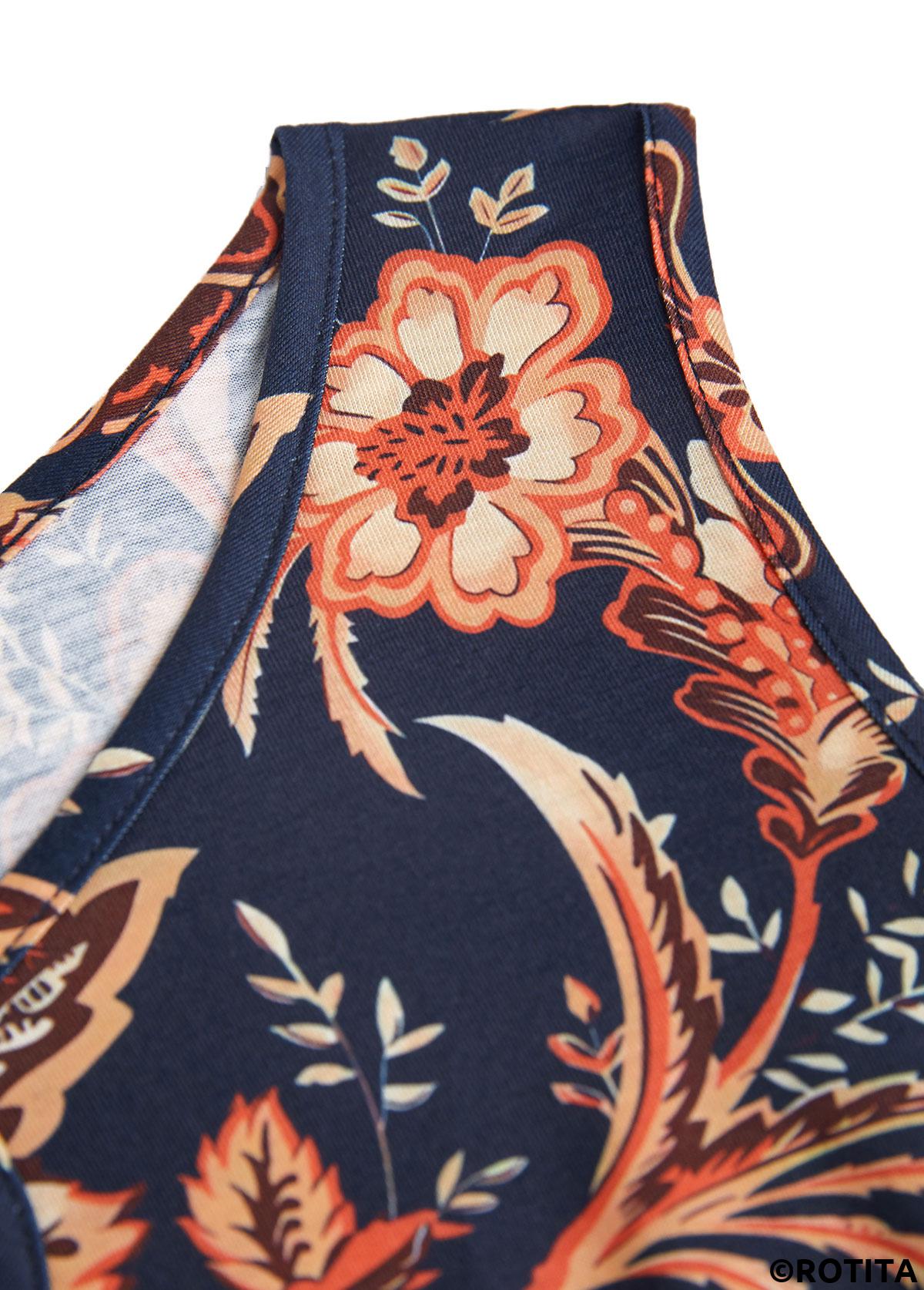 Dark Blue dresses,Floral dresses,Plants dresses,Everyday dresses,Casual dresses,ROTITA Circular Ring Floral Print Dark Blue Round Neck Dress