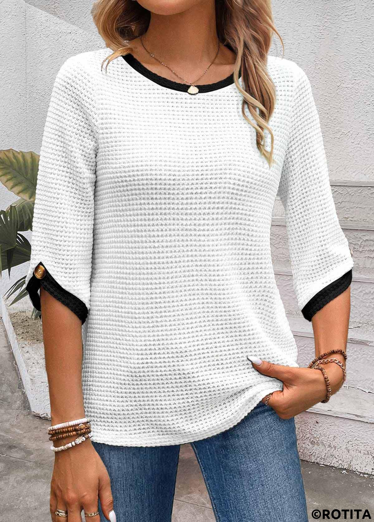 White tops,Plain Color tops,ROTITA Jacquard White Round Neck Half Sleeve T Shirt